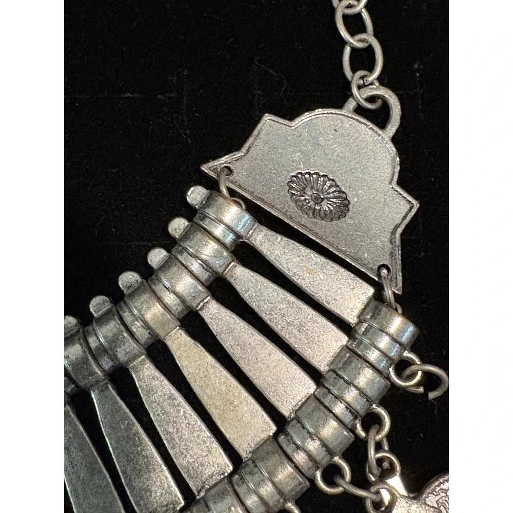 Bohemian Tribal Style Statement‎ Bib Necklace Silver Tone Arabic Coin Accents